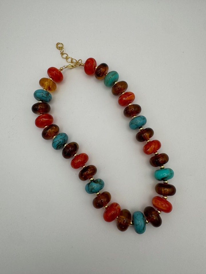 Current Mood Statement Necklace in Turquoise, Amber and Cognac — flat lay showing clasp and extender