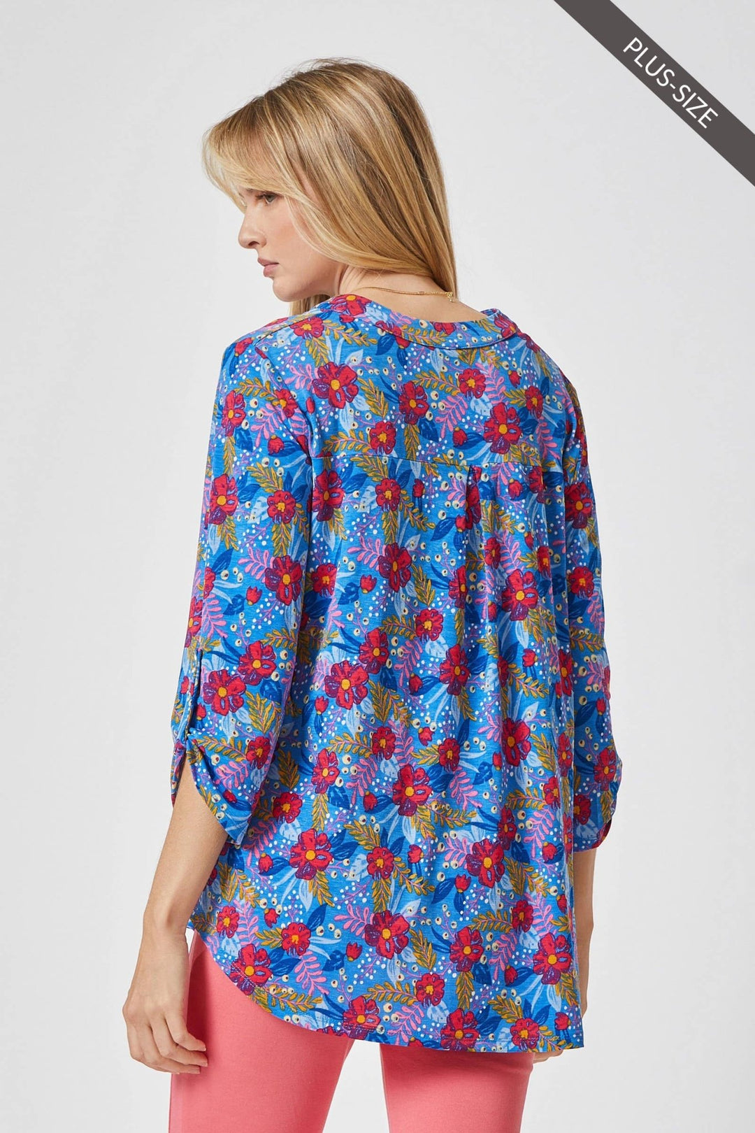 Back view of the wrinkle-free Lizzy blouse, showcasing the relaxed drape and continuous medallion pattern.
