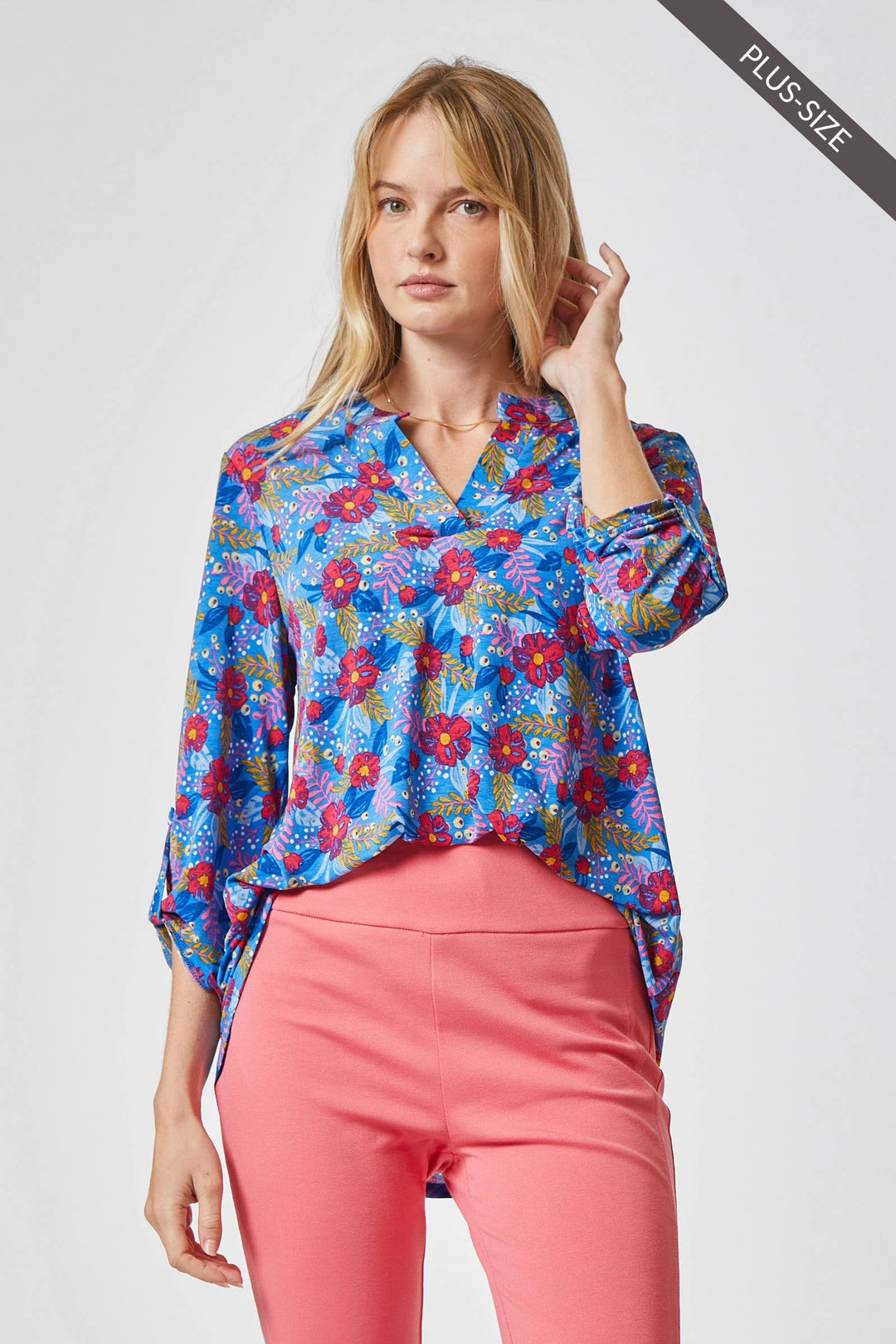 Front view of the Curvy Lizzy blouse featuring a blue and red medallion floral print with a China collar neckline.