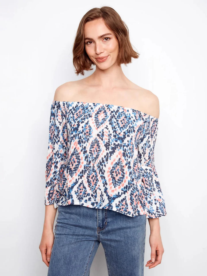 Charlie B Ikat Print Off-Shoulder Bell Sleeve Blouse in Nomad — front view on model