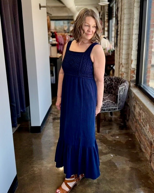 Dear John Chasity Crochet Cotton Midi Dress in Black Iris, wide straps and empire waist with flowy tiered skirt, front view on model
