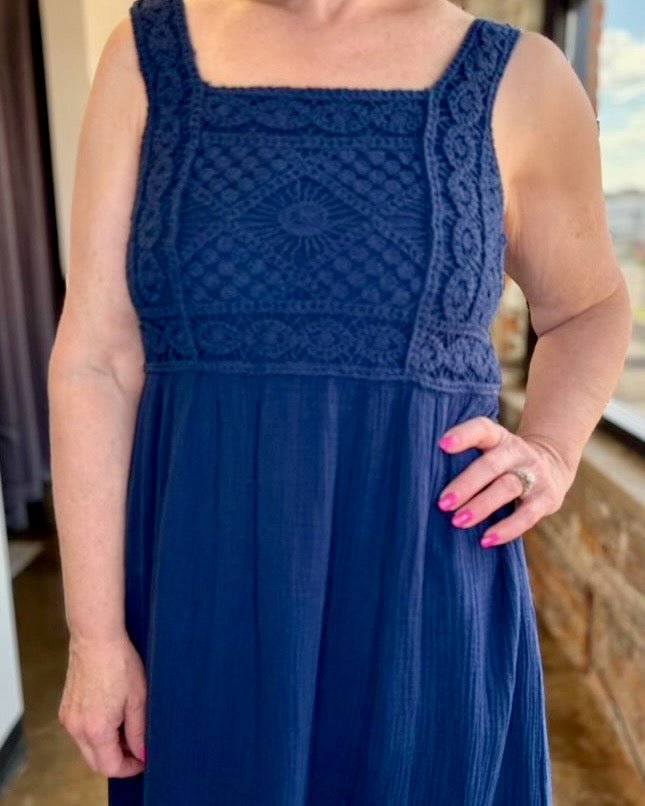 Close-up of Dear John Chasity Crochet Cotton Midi Dress crochet bodice panel with geometric and floral motif detailing
