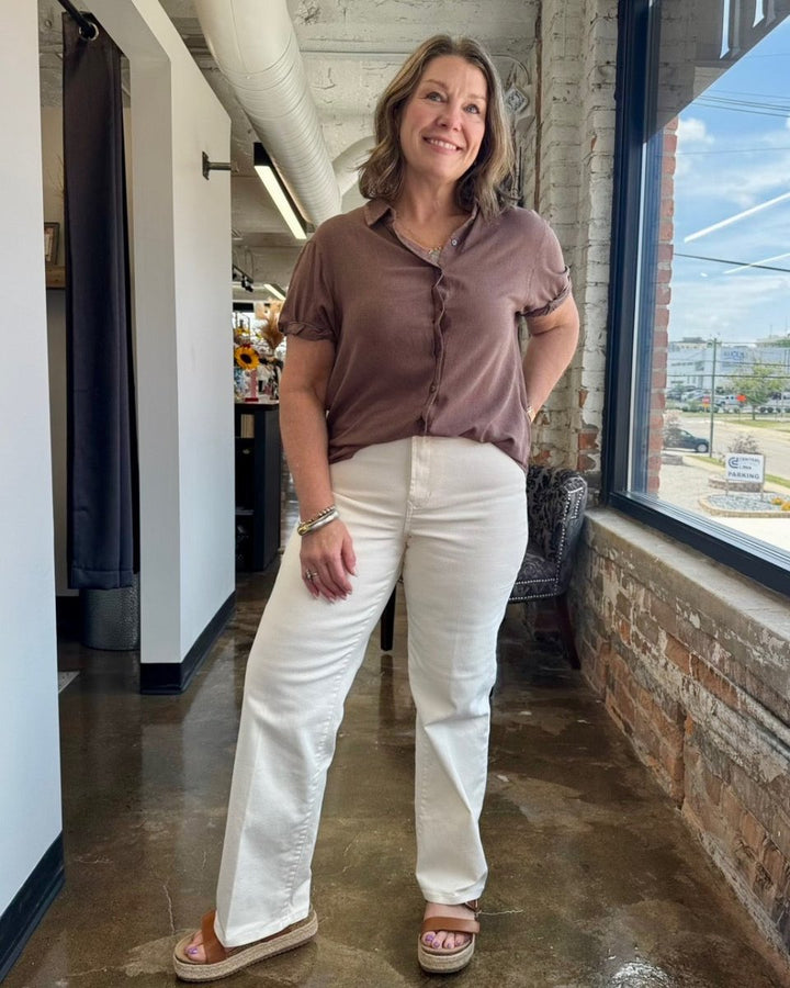 Dear John Denim Holly Straight Leg Pant in Wheat styled with a mauve button-down top and espadrille sandals, full outfit view on model
