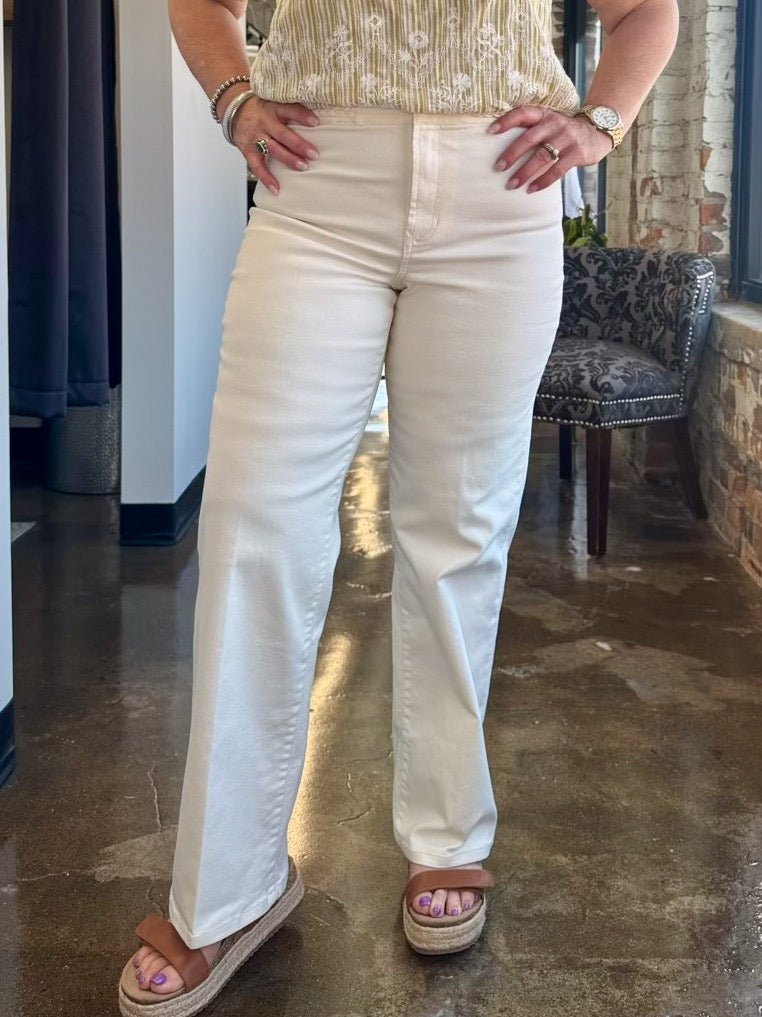 Dear John Denim Holly Straight Leg Pant in Wheat, high-rise waist with clean front seam and wide straight leg, front view on model
