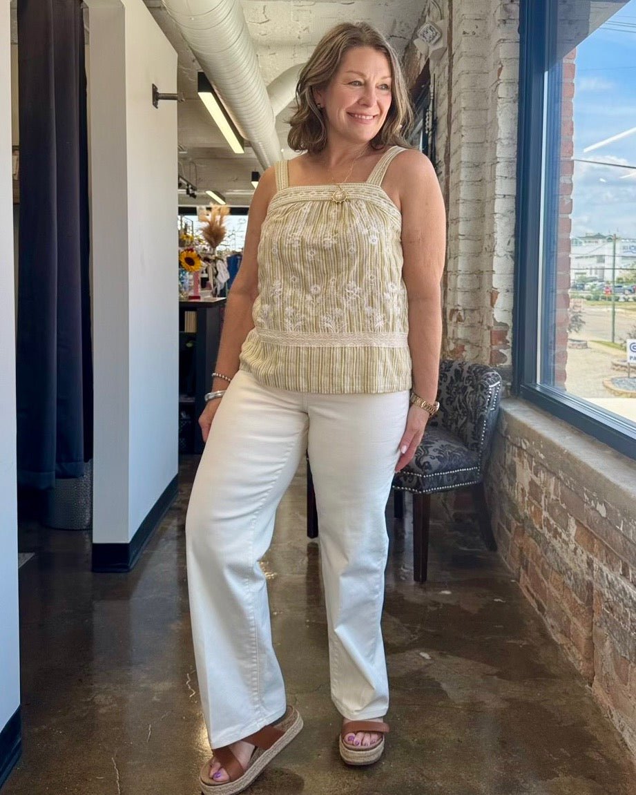 Dear John Denim Holly Straight Leg Pant in Wheat styled with a striped embroidered tank and espadrille sandals, full outfit view on model
