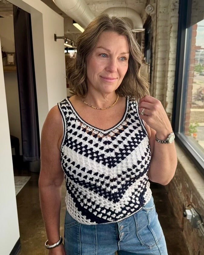 Dear John Madeira Cotton Crochet Top in Black Iris, V-neck chevron pattern styled with light wash jeans, three-quarter view on model
