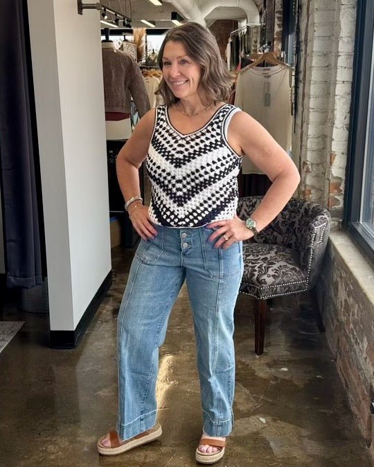 Dear John Madeira Cotton Crochet Top in Black Iris styled with wide-leg light wash jeans and espadrille wedges, full outfit view on model
