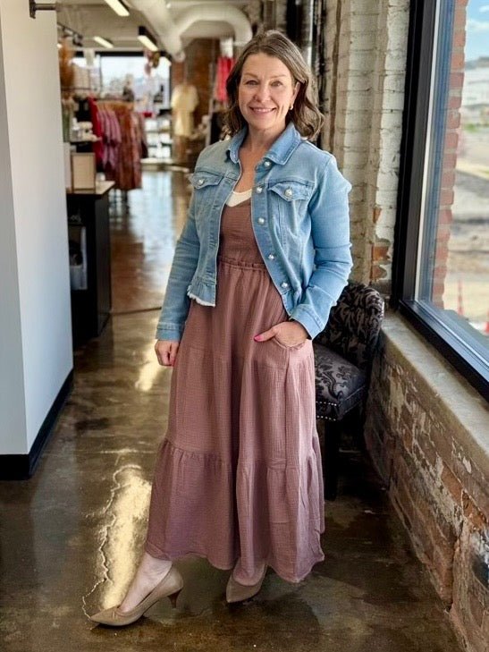 Dex Gauze Tiered Midi Dress in Rose Taupe