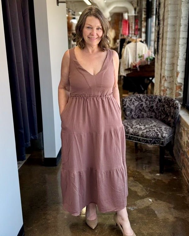 Dex Gauze Tiered Midi Dress in Rose Taupe, V-neckline and tiered gauze skirt with pockets, front view on model