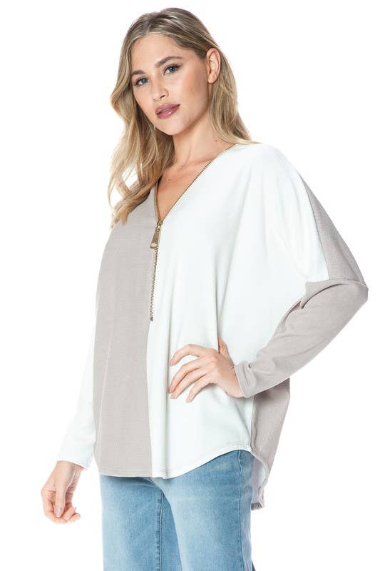 Color Block Dolman Sleeve Zipper Top - Modish Maven Boutique
