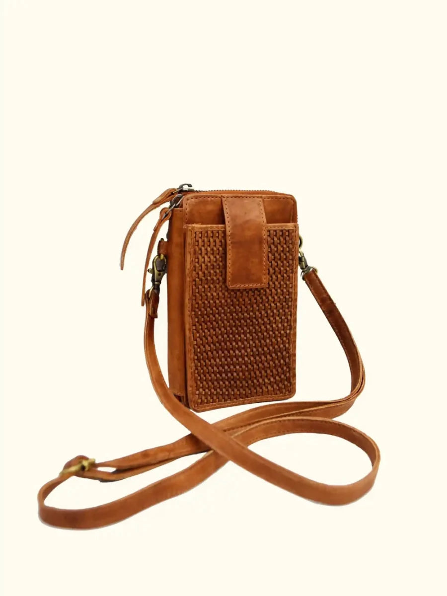 Ella Washed Leather Crossbody Wallet in Buckskin — angled three-quarter view showing woven front panel and flap pocket
