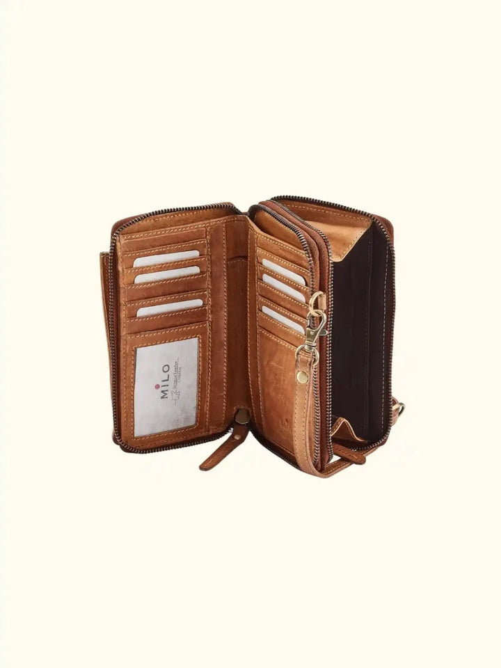 Ella Washed Leather Crossbody Wallet in Buckskin — open interior view showing card slots, zip compartments, and flap closure