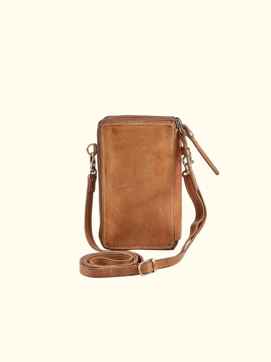 Ella Washed Leather Crossbody Wallet in Buckskin — back view showing smooth leather back panel and adjustable strap