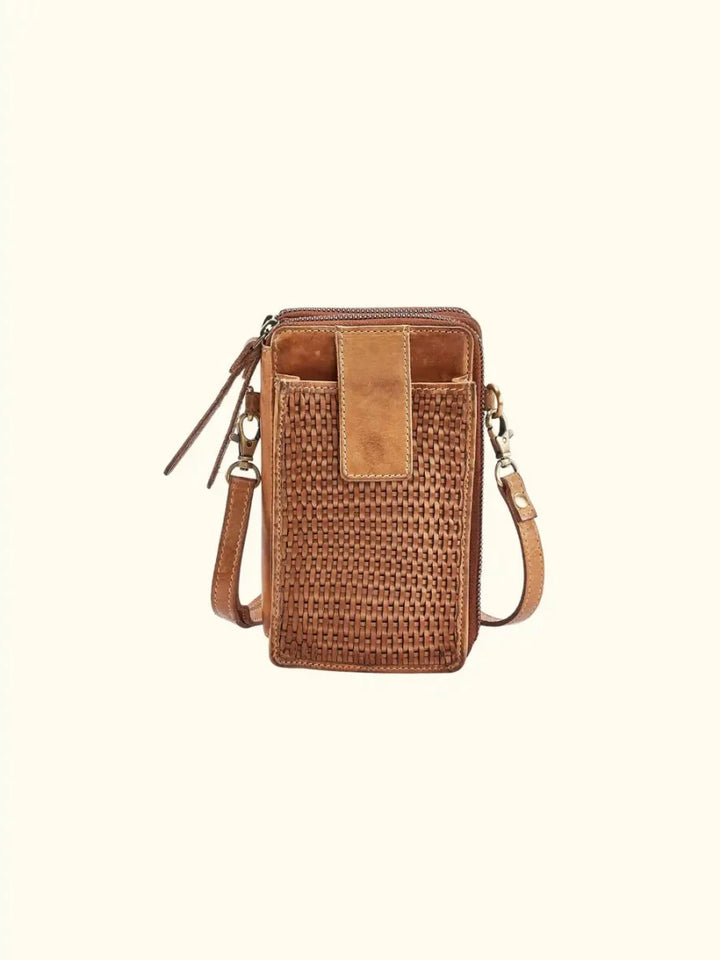 Ella Washed Leather Crossbody Wallet in Buckskin — front view showing woven front panel, flap pocket, and zip top