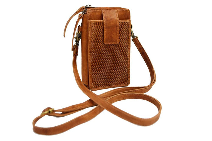 Ella Washed Leather Crossbody Wallet in Cognac — angled view showing woven front panel and flap pocket
