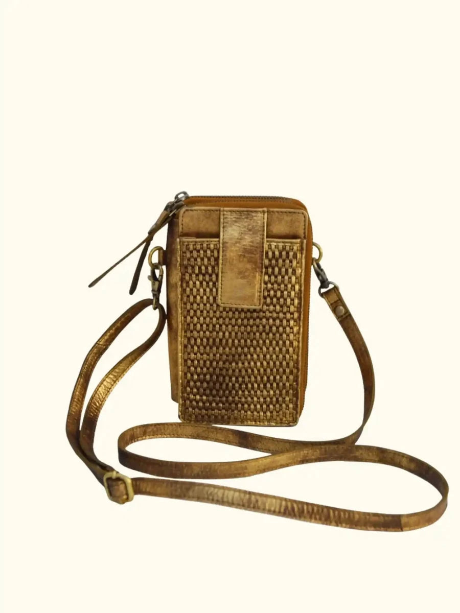 Ella Washed Leather Crossbody Wallet in Metallic — angled front view showing metallic washed leather and woven texture