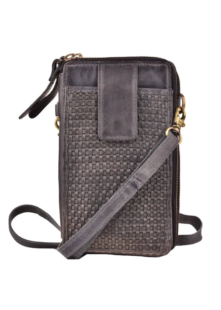 Ella Washed Leather Crossbody Wallet in Navy — angled front view with woven panel and crossbody strap draped diagonally