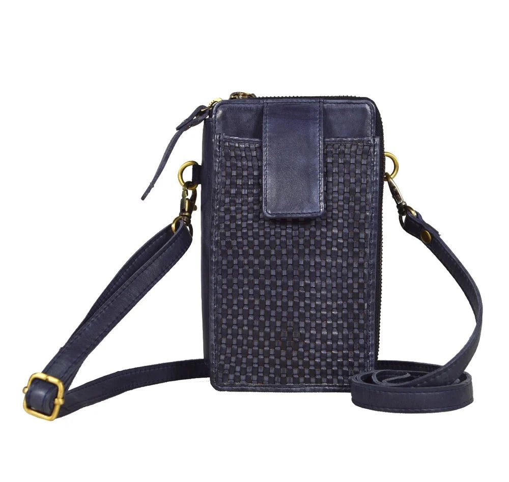 Ella Washed Leather Crossbody Wallet in Navy — front view showing woven panel, flap tab, and coiled strap