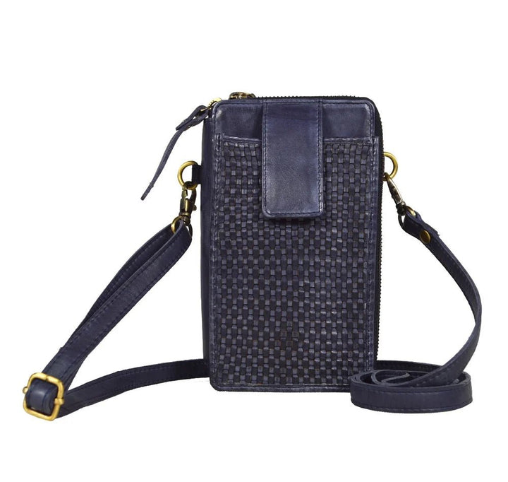 Ella Washed Leather Crossbody Wallet in Navy — front view showing woven panel, flap tab, and coiled strap