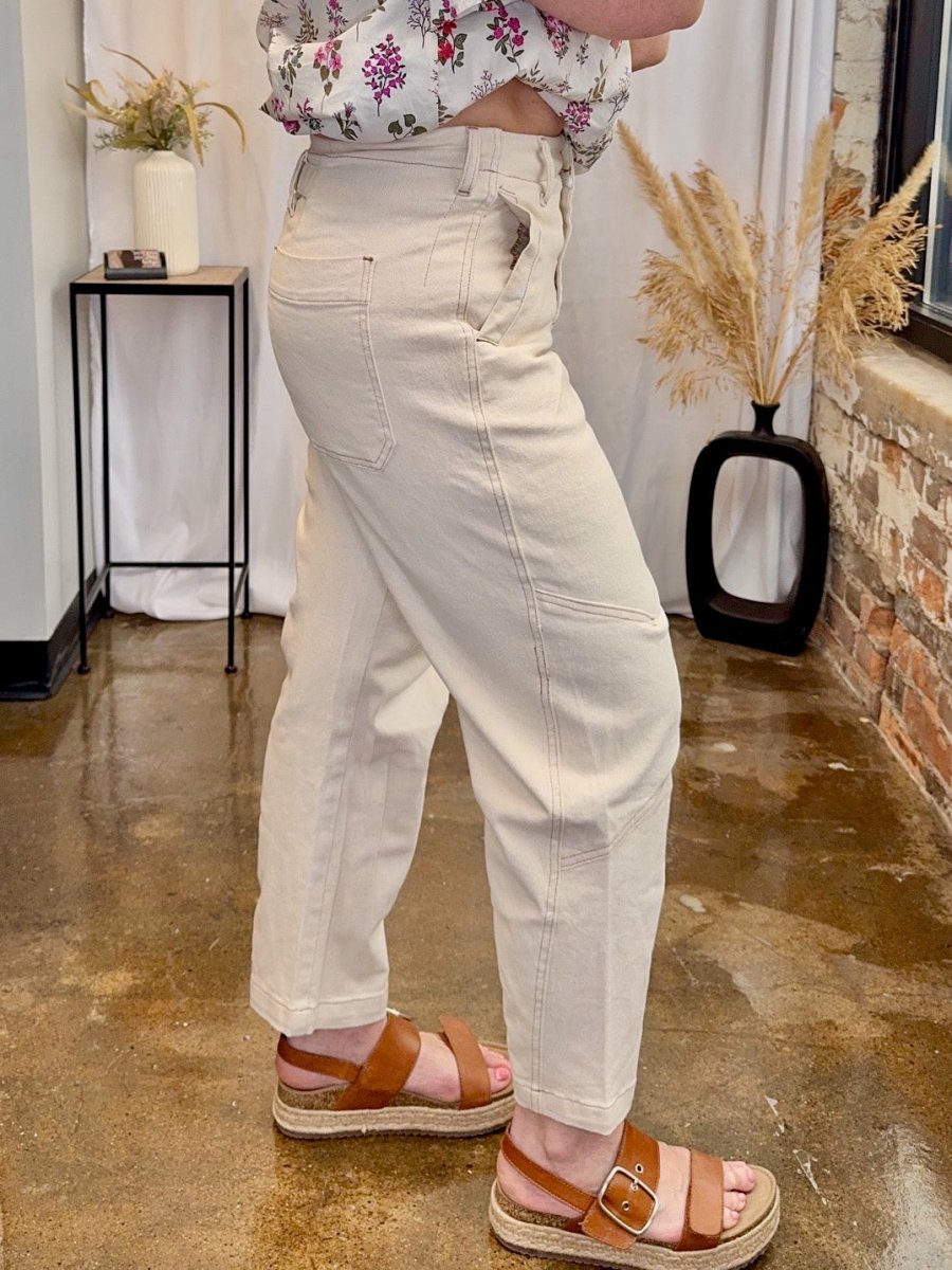 Side view of Entro ecru high-waist straight leg pant — brushed cotton, back pocket, cropped ankle length, styled with tan platform sandals | Modish Maven Boutique