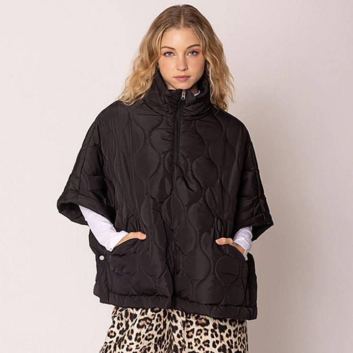 Quilted Short Sleeves Puffer Pullover Poncho