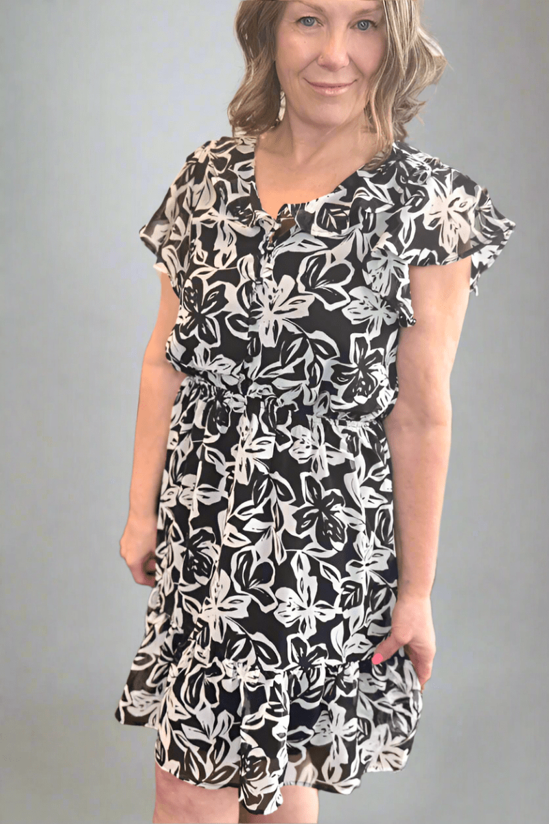 Detail shot of the Peter Pan collar and button-front design on the lightweight floral chiffon dress.