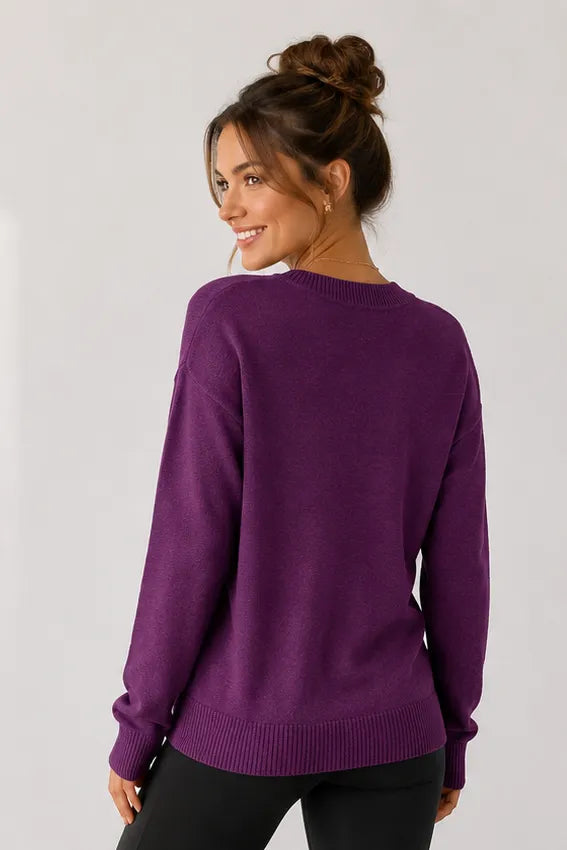 Jersey Stitch V-Neck Sweater in Deep Plum — back view showing straight hem and ribbed neckline