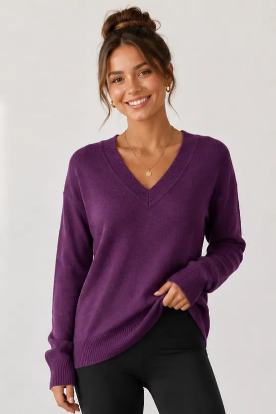 Jersey Stitch V-Neck Sweater in Deep Plum — front view showing V-neck, drop shoulders and ribbed hem