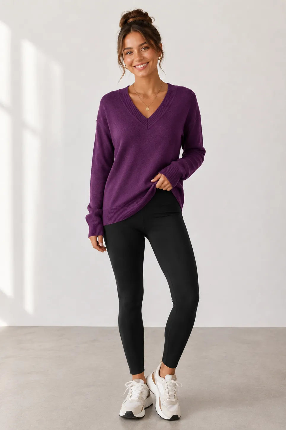 Jersey Stitch V-Neck Sweater in Deep Plum — full outfit view with black leggings and sneakers