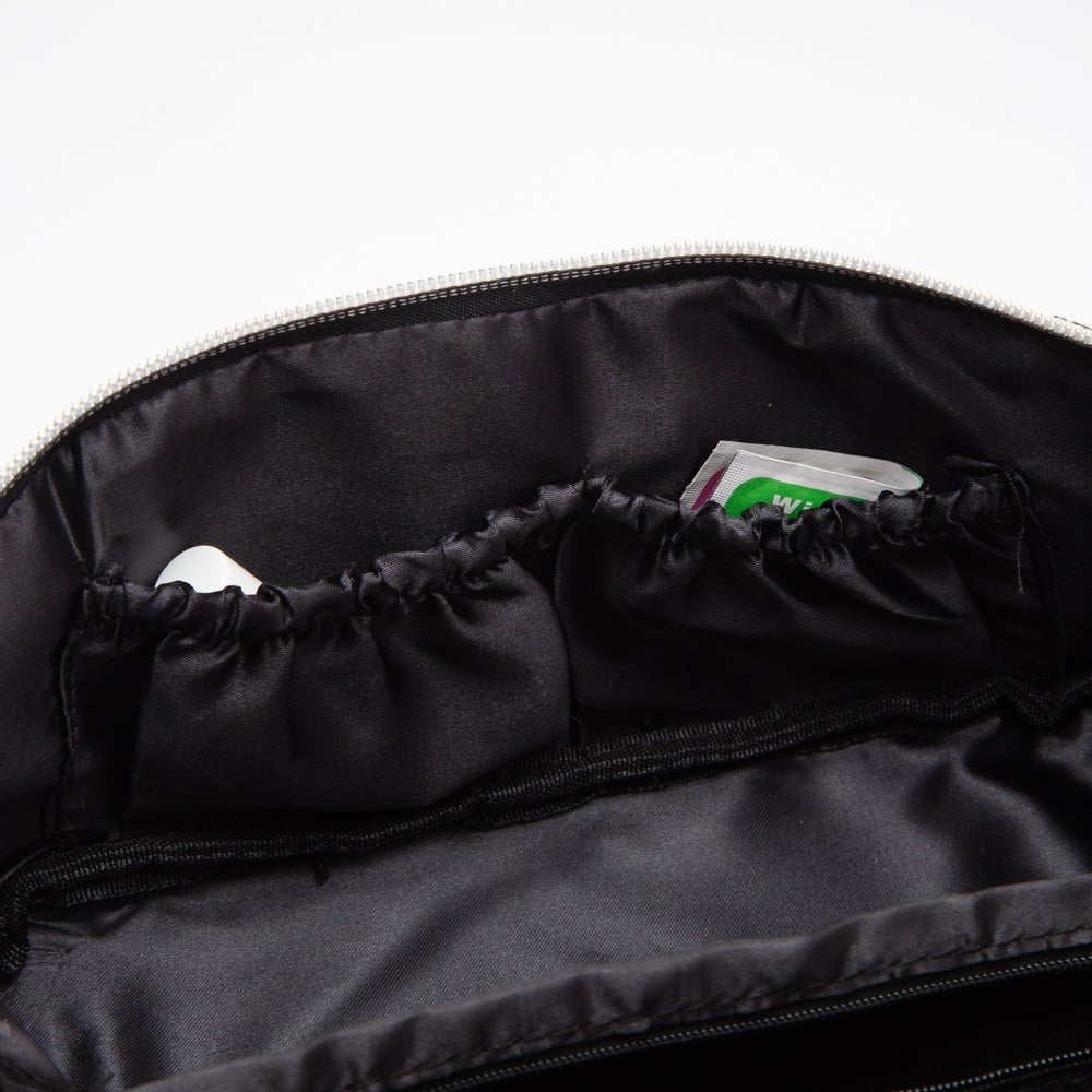 Black bag with a drawstring pocket on a white background