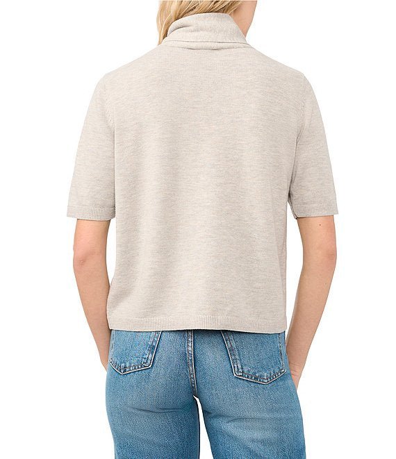 Knit Tie Neck Short Sleeve Cardigan in Warm Grey — back view on model showing straight hem and short sleeves