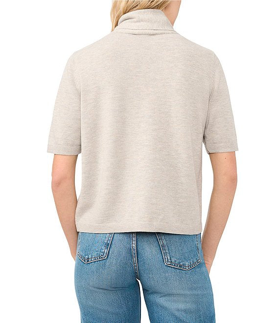 Knit Tie Neck Short Sleeve Cardigan in Warm Grey — back view on model showing straight hem and short sleeves