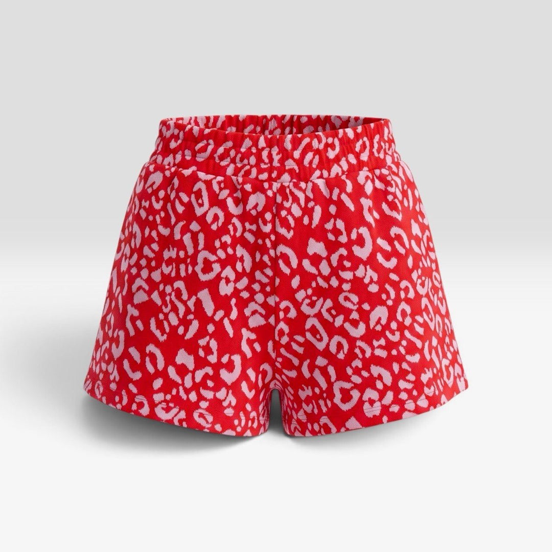 Leopard Print Shorts in Red Pink flat-lay, wide waistband and curved hem detail