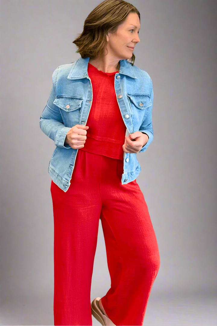 Woman wearing the Tomato Red Linen Tank and Wide Leg Pant Set with a jean jacket.