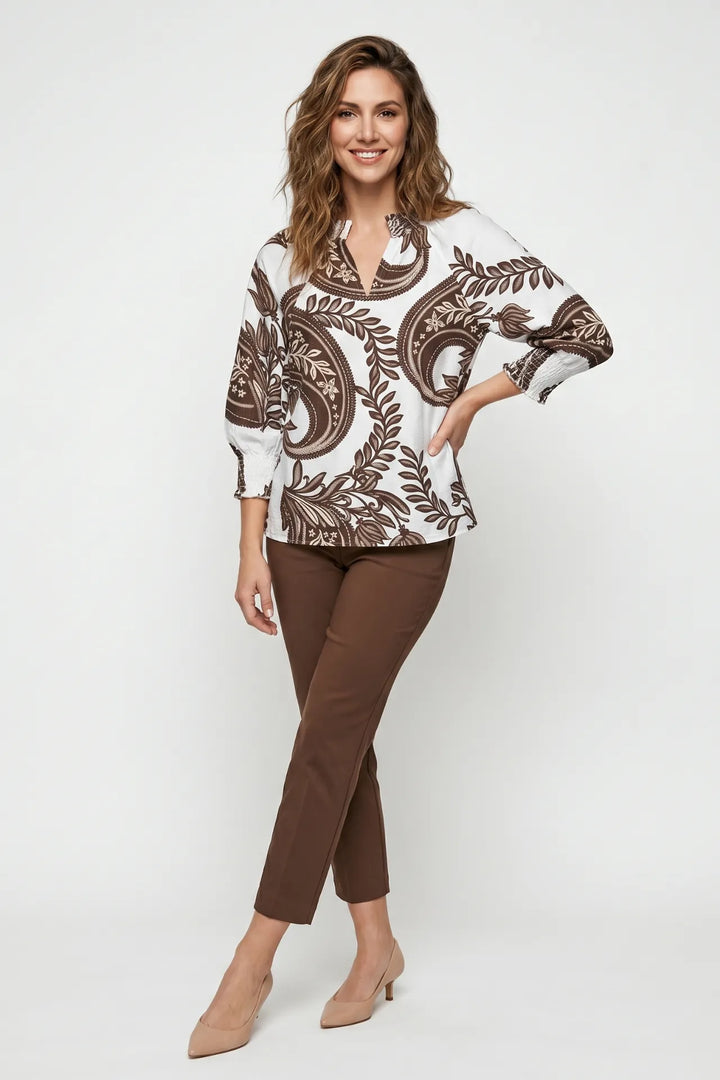 Baroque Print V-Notch Smocked Cuff Top in Brown — outfit view with brown ankle pants and neutral heels