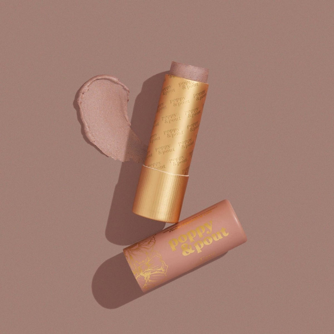 Poppy & Pout Faye Lip Tint in a 100% recyclable, featuring a sheer taupe natural balm for an effortless beauty routine.