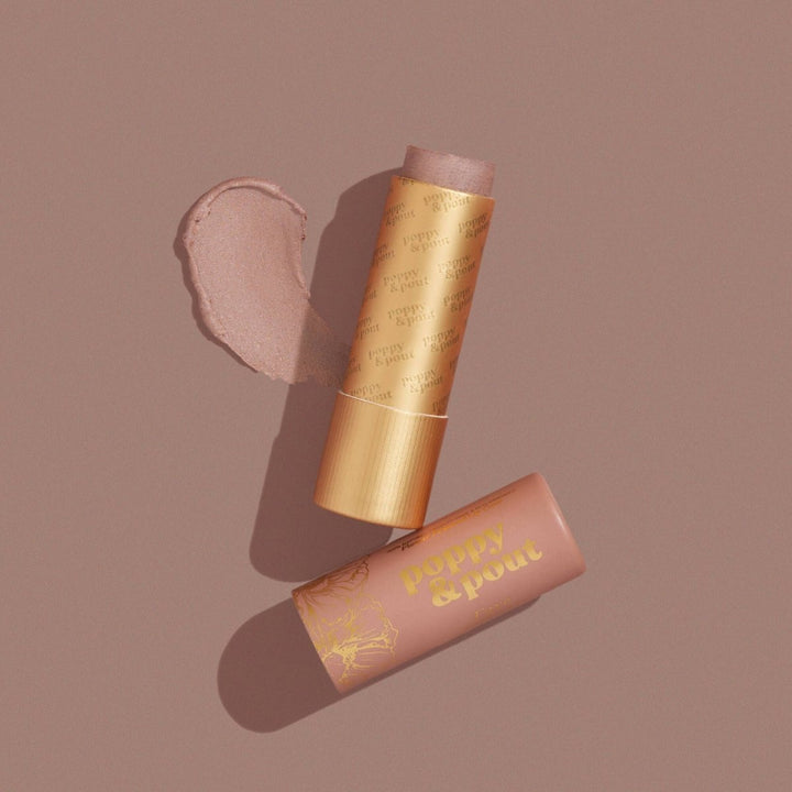 Poppy &amp; Pout Faye Lip Tint in a 100% recyclable, featuring a sheer taupe natural balm for an effortless beauty routine.