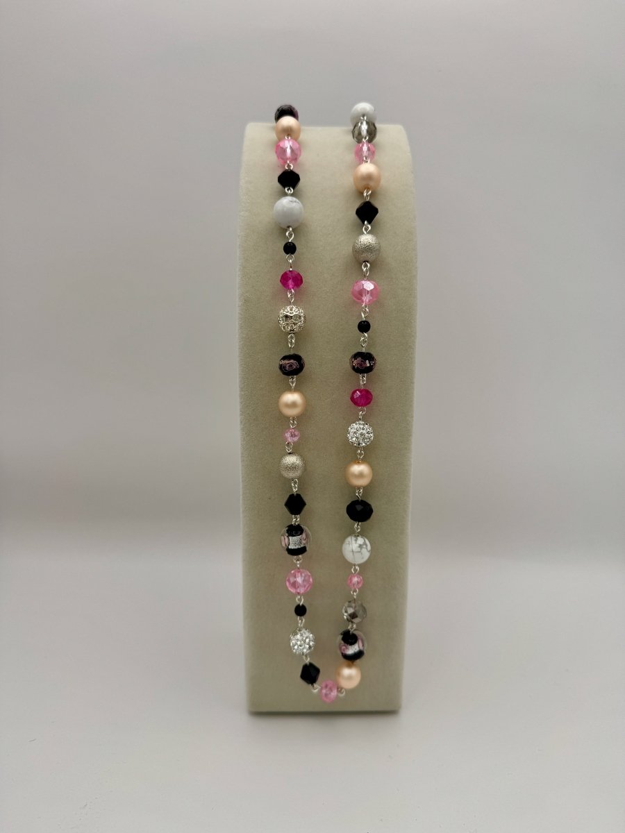 Lizzy Lu Diva Necklace in Blush Noir — display view showing mixed beads and silver-tone links