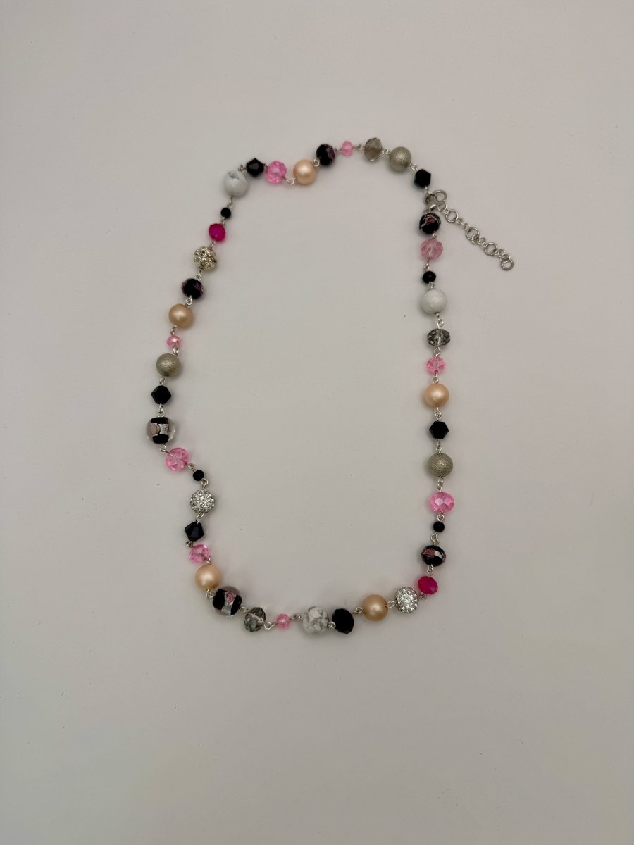 Lizzy Lu Diva Necklace in Blush Noir — flat lay showing the bead arrangement and extender chain