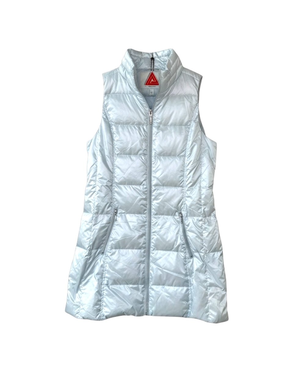 White puffer vest with a brand logo on a white background