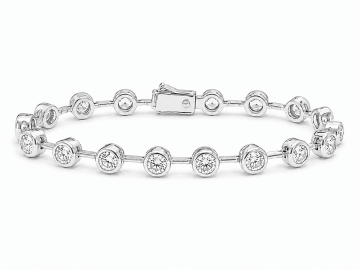 Lora Bezel Bracelet in Silver — front view showing linked round bezels and box clasp