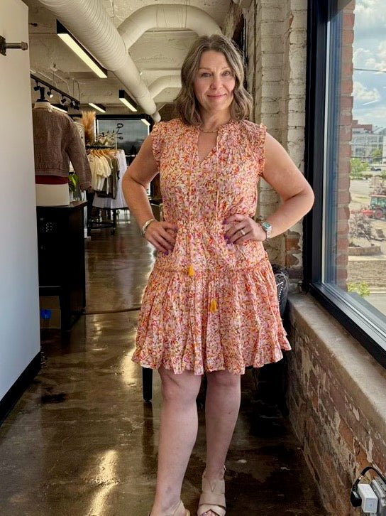 Dear John Denim Melodie Ruffle Cotton Dress in Superbloom Print, relaxed silhouette with drop-tier ruffle hem, front view