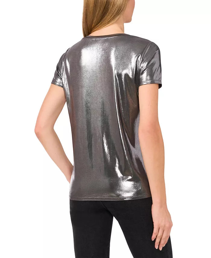 Metallic Shine Short Sleeve Tee in Gunmetal — back view showing metallic sheen and straight hem
