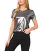Metallic Shine Short Sleeve Tee in Gunmetal — front view on model styled with black pants