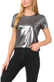 Metallic Shine Short Sleeve Tee in Gunmetal — front view on model styled with black jeans