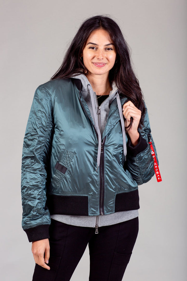 My Anorak Iridescent Hooded Down Bomber Jacket — close-up detail of snap front pockets, zip hardware, and brand tag