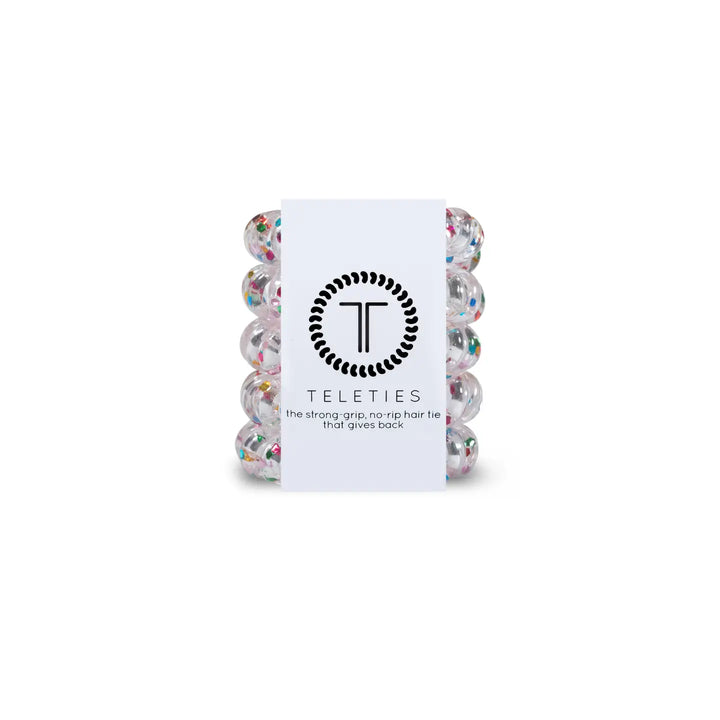 A package of TELETIES tiny multi color hair ties designed for kids and fine hair.