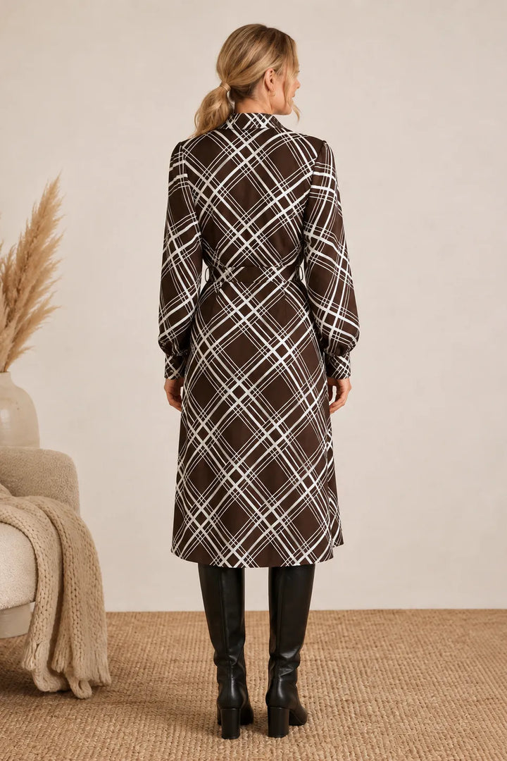 Plaid Ice Crepe Button Down Midi Dress in Chestnut — back view showing plaid and balloon sleeves