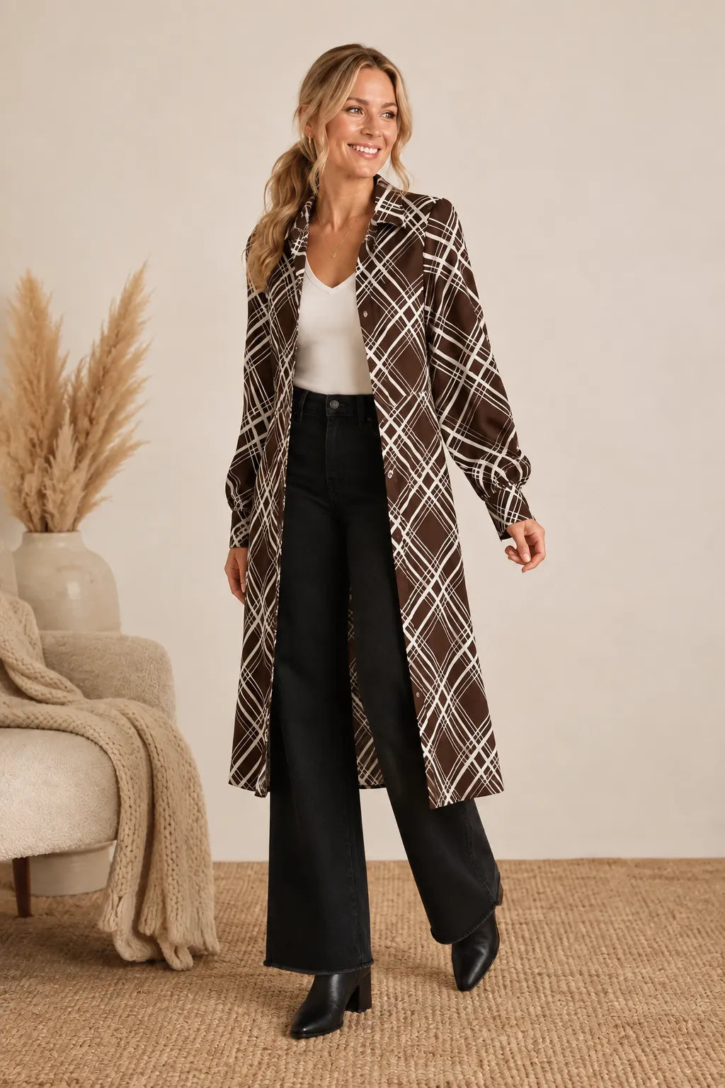 Plaid Ice Crepe Button Down Midi Dress in Chestnut — worn open over a white top and black pants