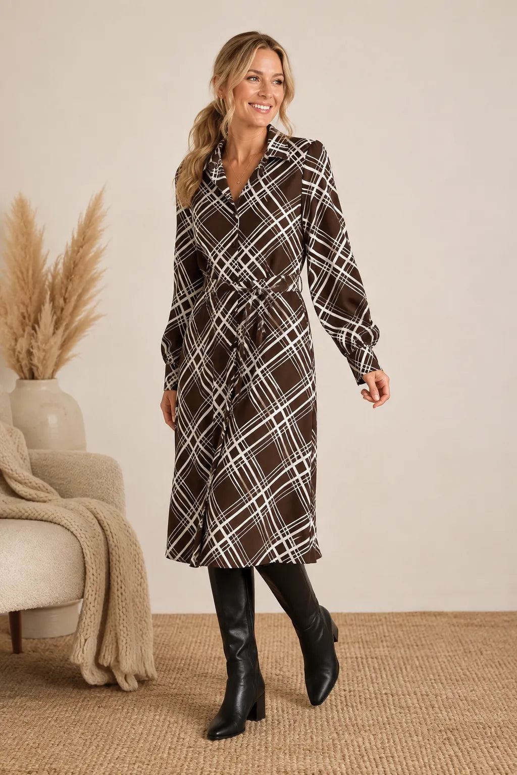 Plaid Ice Crepe Button Down Midi Dress in Chestnut — front view with tied sash and tall boots